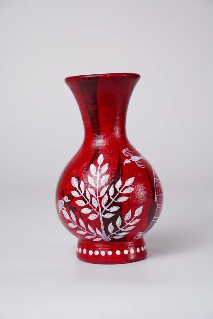 Handcrafted Red Terracotta Flower Vase Wth White Warli Art Hand-Painting.