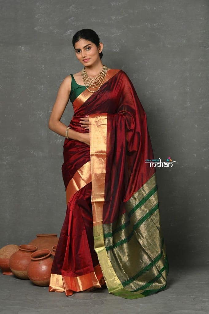 Tyohaar ~ Handloom Pure Chanderi Cotton Silk Saree With Golden Border - Maroon