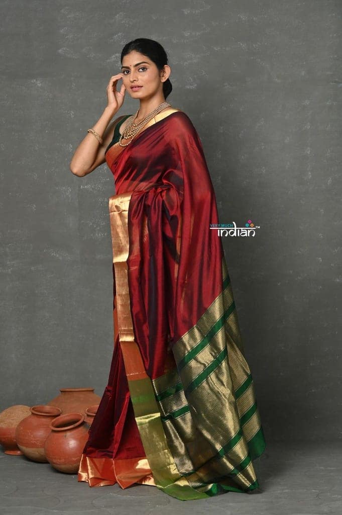 Tyohaar ~ Handloom Pure Chanderi Cotton Silk Saree With Golden Border - Maroon view 2