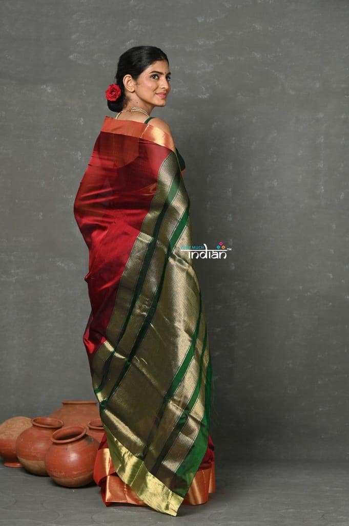Tyohaar ~ Handloom Pure Chanderi Cotton Silk Saree With Golden Border - Maroon view 3