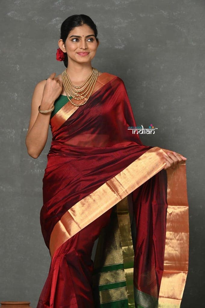 Tyohaar ~ Handloom Pure Chanderi Cotton Silk Saree With Golden Border - Maroon view 4