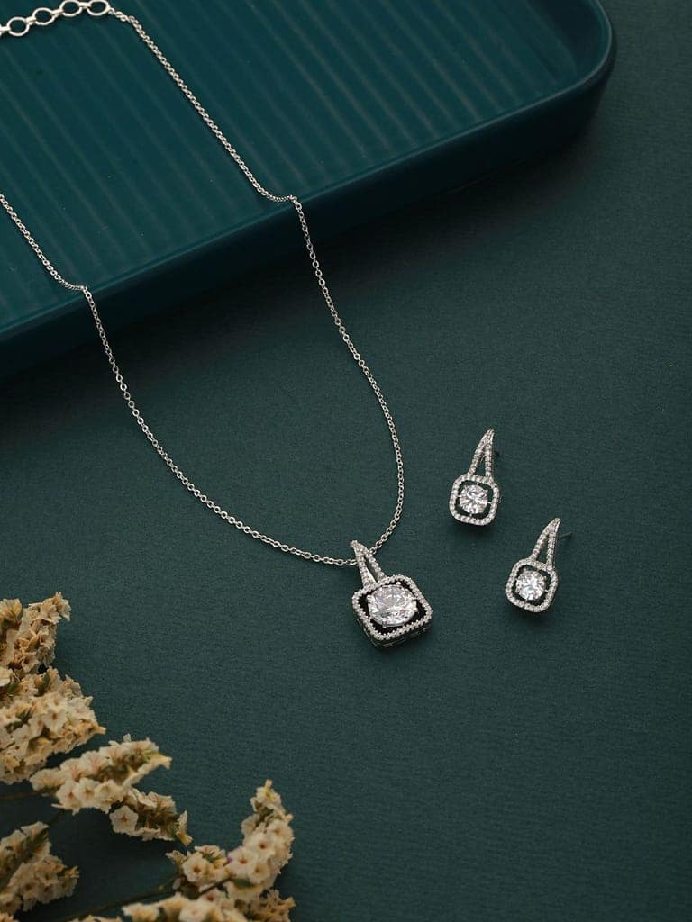 Silver Plated Solitaire AD Studded Minimal Design Locket Jewellery Set view 2