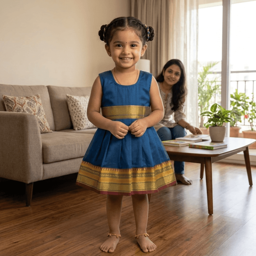 Mom and Me Baby Girls Summer Frock Dress (0–5 Years) | Soft Acrylic Cotton with Pure Cotton Lining | Sleeveless Round Neck | Lightweight & Breathable (in, Age, 5 Years, 6 Years, Regular, Blue) view 3