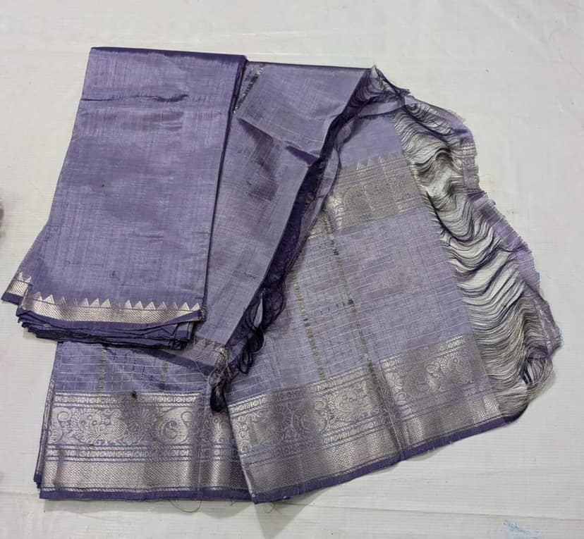 A beautiful, traditional Indian silk saree in a deep blue color with silver zari work. view 3