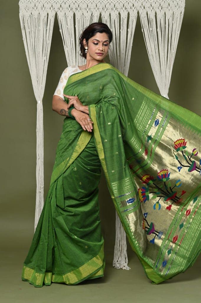 EXCLUSIVE! Handloom Pure Cotton Paithani With Peacock Pallu~Blade Green