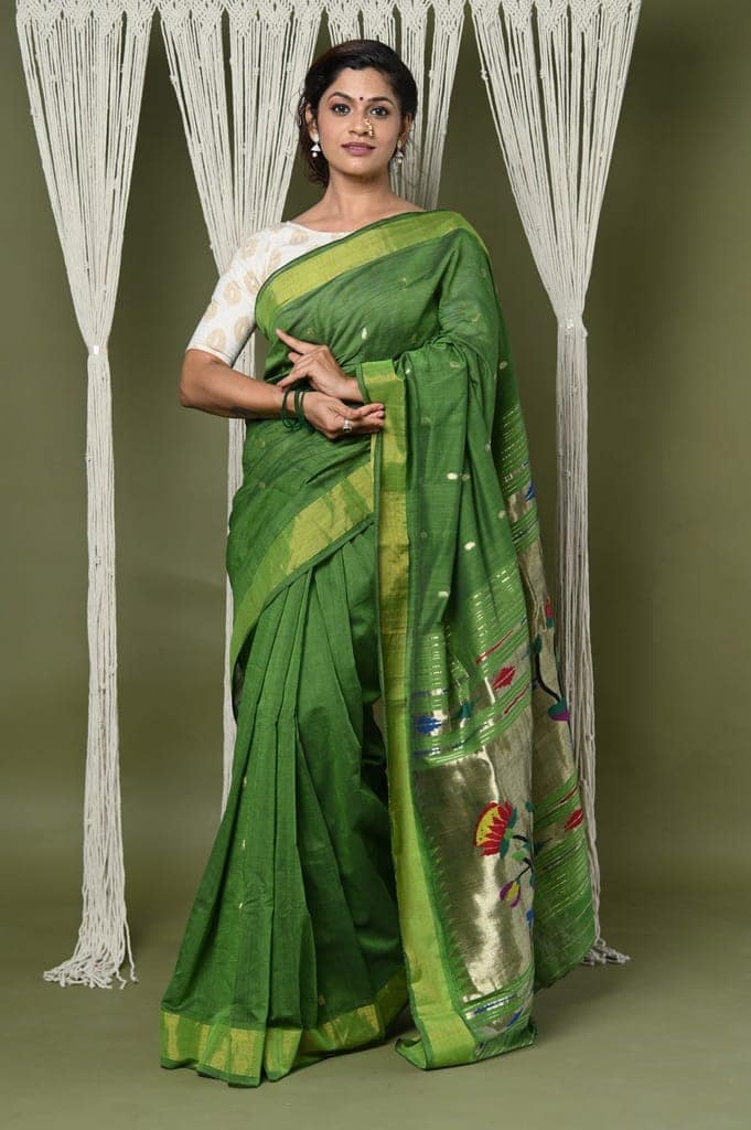 EXCLUSIVE! Handloom Pure Cotton Paithani With Peacock Pallu~Blade Green view 2