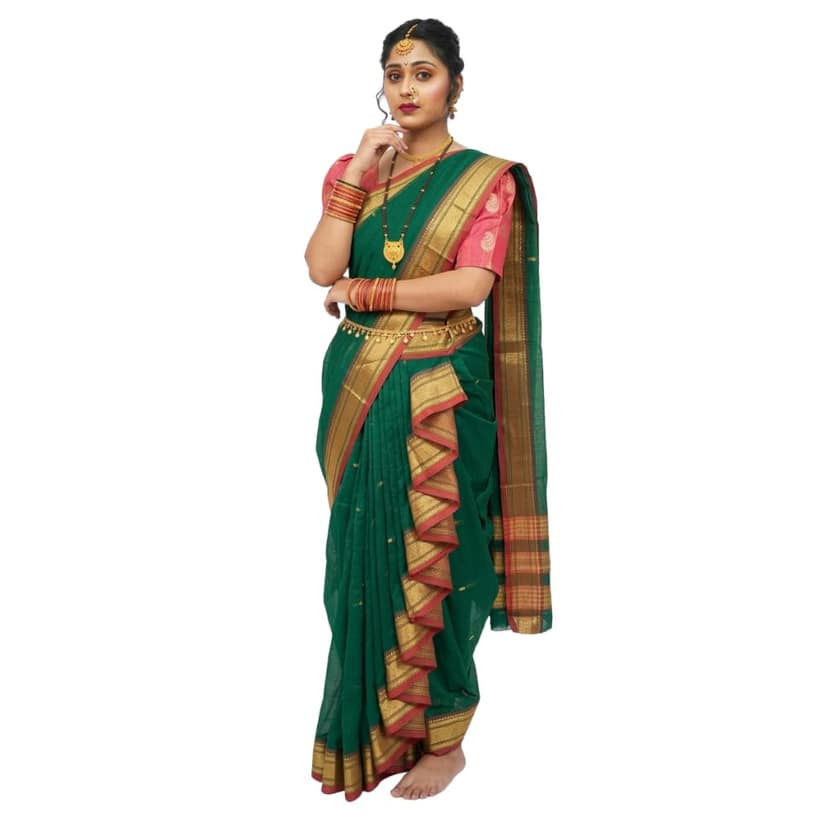 Mom and Me Women's Acrylic Cotton Paithani Woven Mastani Nauvari Saree, Ready to Wear, Maharashtrian Marathi Style, Colours Blue, Green, Purple, Morpankhi, Orange, Pink, Red, Yellow (Green)
