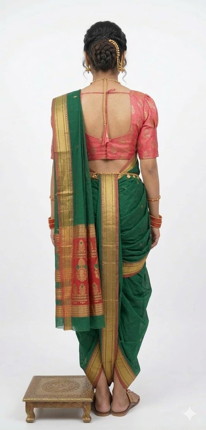 Mom and Me Women's Acrylic Cotton Paithani Woven Mastani Nauvari Saree, Ready to Wear, Maharashtrian Marathi Style, Colours Blue, Green, Purple, Morpankhi, Orange, Pink, Red, Yellow (Green) view 2