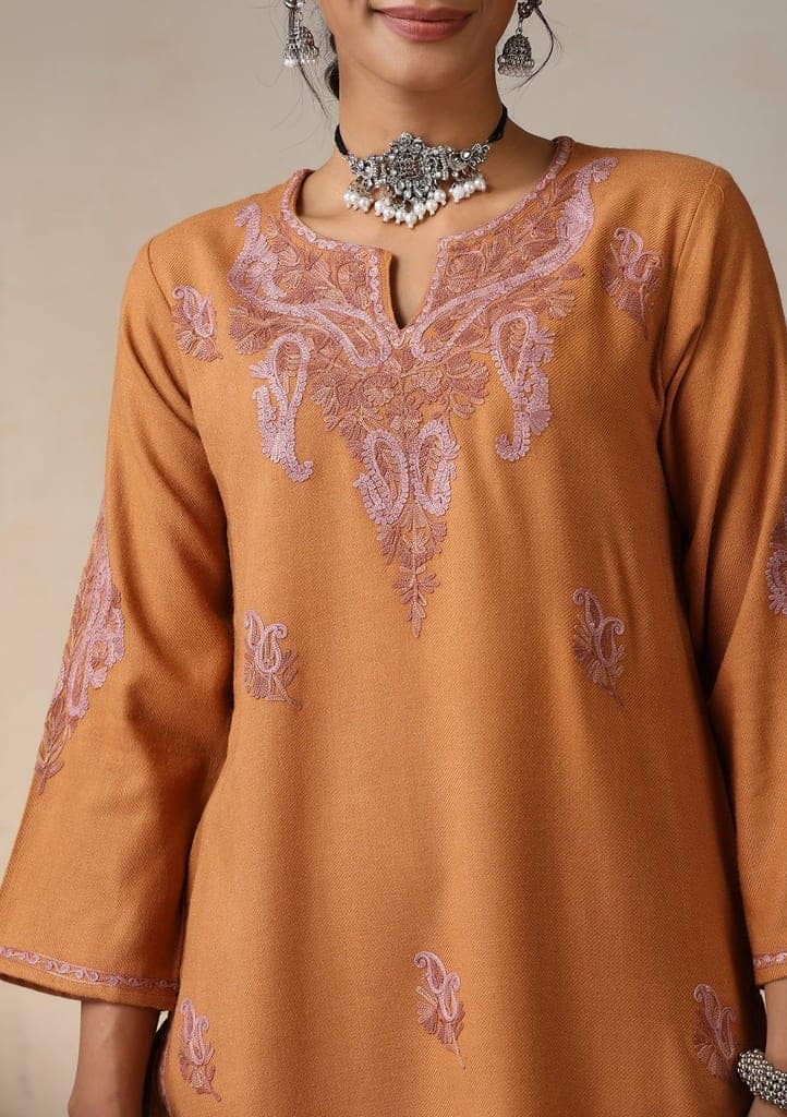 HOC Crafts Aari Embroidered Woollen Solid Women's Long Kurta - Rust view 2