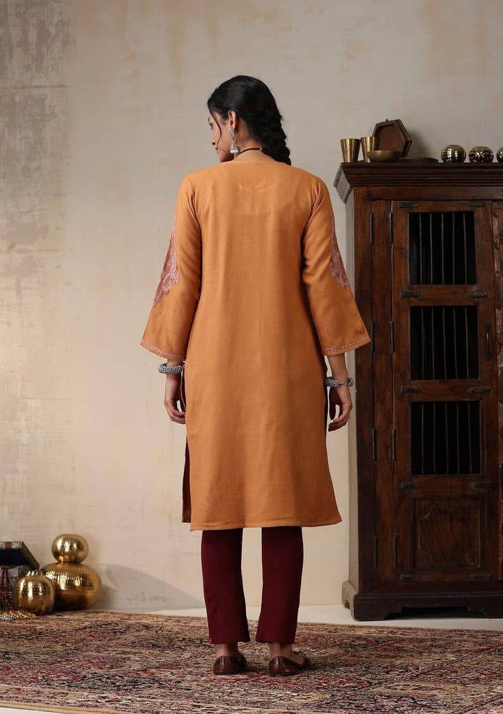 HOC Crafts Aari Embroidered Woollen Solid Women's Long Kurta - Rust view 8