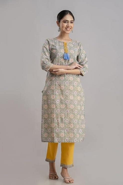Yellow and Green printed kurti and pant set view 3