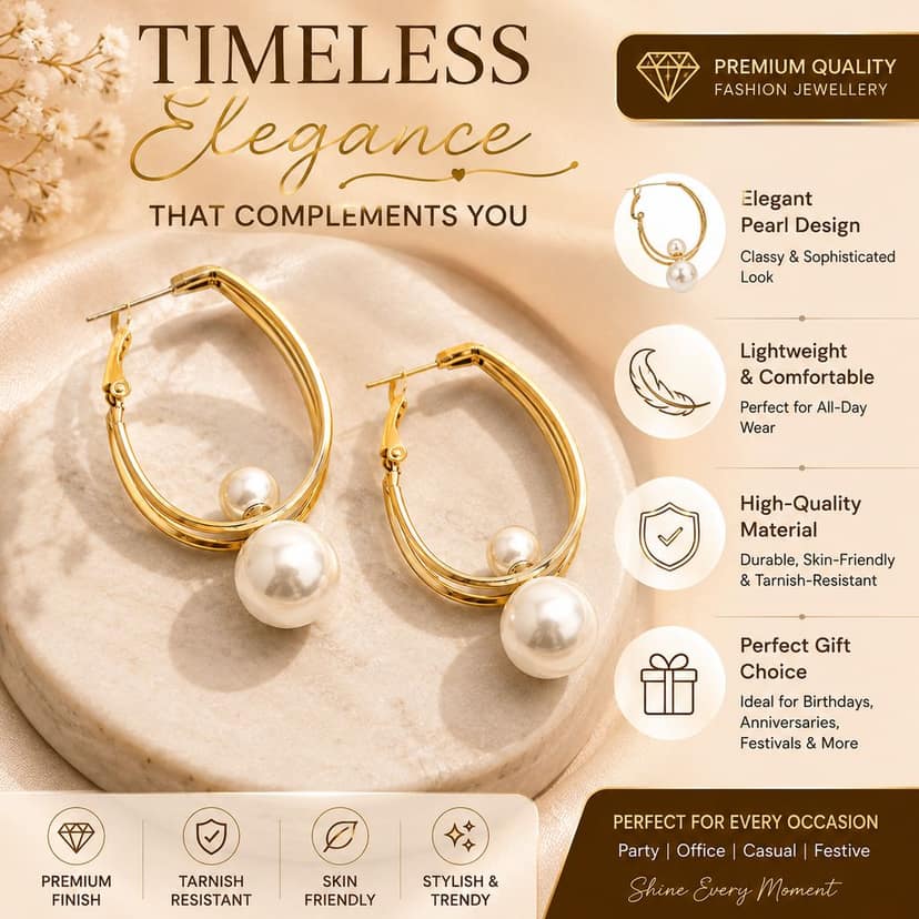 Gold Dual Oval Shape Pearl Drop Earrings for Women & Girls – Classic Party Wear Round Pearl Dangle Hoop Earrings with Premium Anti-Tarnish Finish