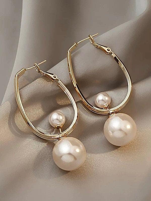 Gold Dual Oval Shape Pearl Drop Earrings for Women & Girls – Classic Party Wear Round Pearl Dangle Hoop Earrings with Premium Anti-Tarnish Finish view 2