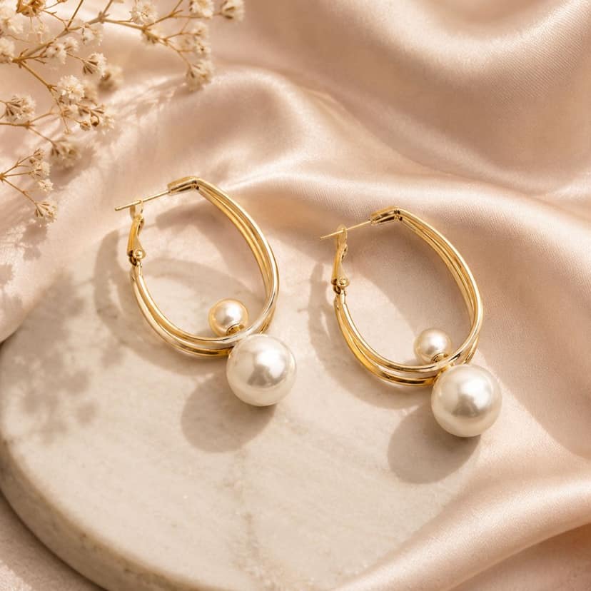 Gold Dual Oval Shape Pearl Drop Earrings for Women & Girls – Classic Party Wear Round Pearl Dangle Hoop Earrings with Premium Anti-Tarnish Finish view 3