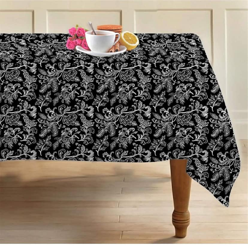 AIRWILL 100% Cotton Floral Pattern 4 Seater Square Table Cover Sized, 56x56 inches (Black,White, Pack of 1)
