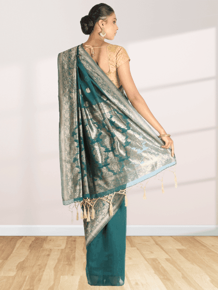 Pine Green Linen Saree With Foil Print view 2