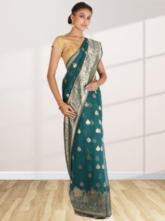 Pine Green Linen Saree With Foil Print view 3
