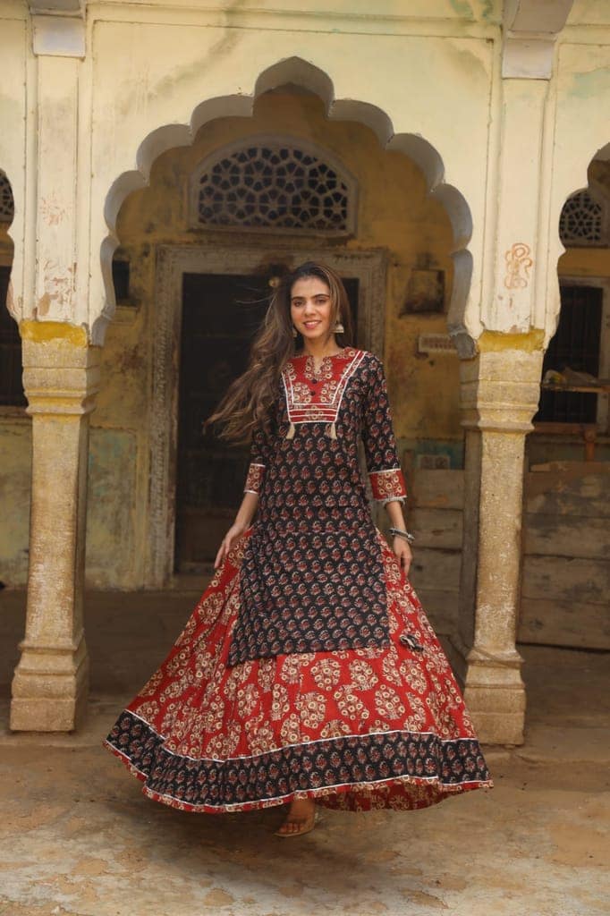 Cotton Skirt and Kurti Set (Size: 38-46) Violet Color Handblock Bagru Print-9533