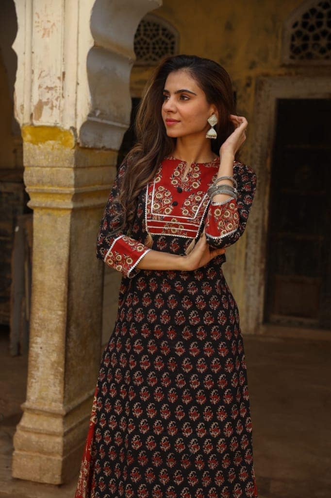 Cotton Skirt and Kurti Set (Size: 38-46) Violet Color Handblock Bagru Print-9533 view 2