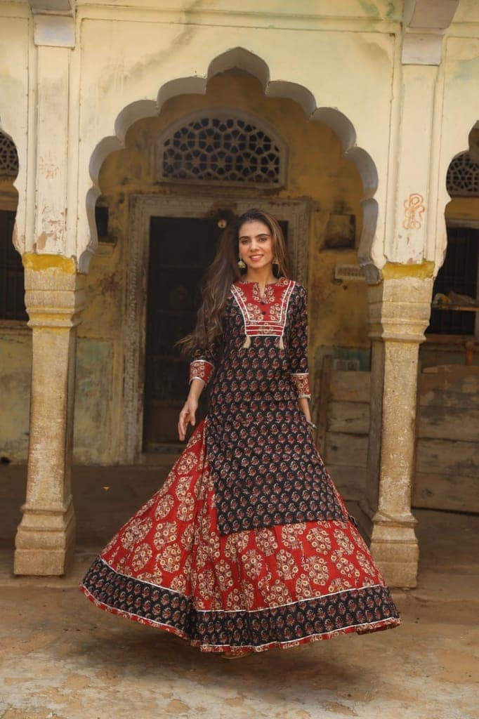 Cotton Skirt and Kurti Set (Size: 38-46) Violet Color Handblock Bagru Print-9533 view 3