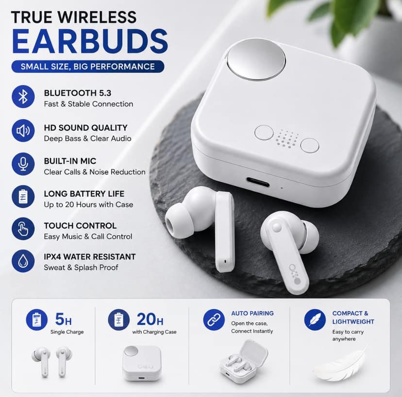 Wireless Bluetooth Earbuds with type c charger cable and unique disine spinning disine ear buds view 5