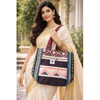 Handcrafted Hemp Tote Bag with Tribal Geometric Design view 2