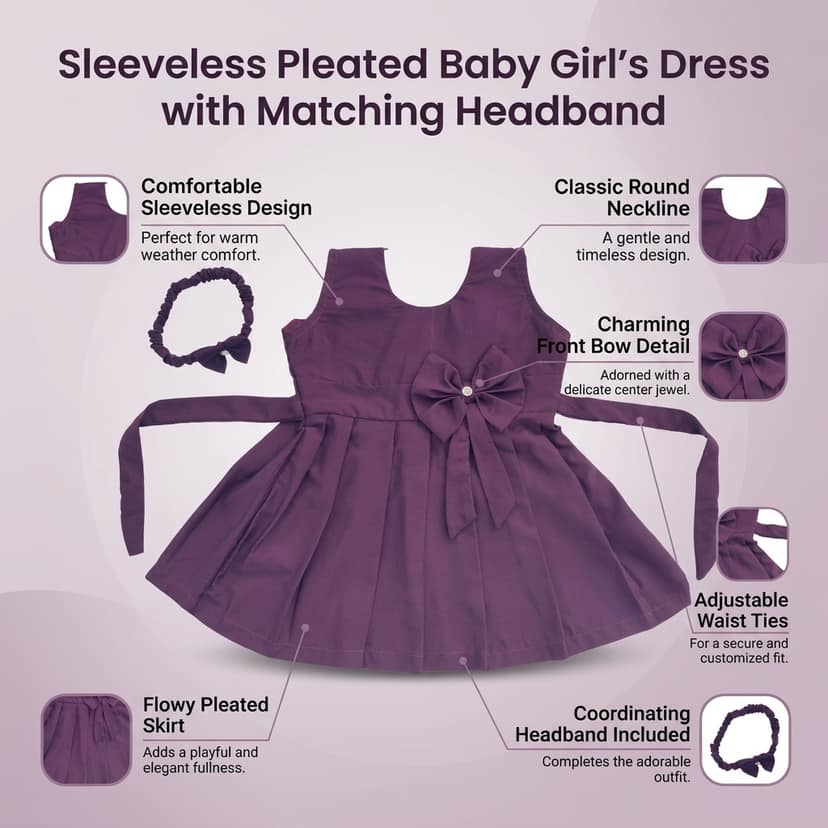 Mom and Me Girls Plain Colour Frock Dress with Flower & Matching Hair Belt | Sleeveless Crepe Fabric | Calf Length (in, Age, 18 Months, 24 Months, Wine) view 4