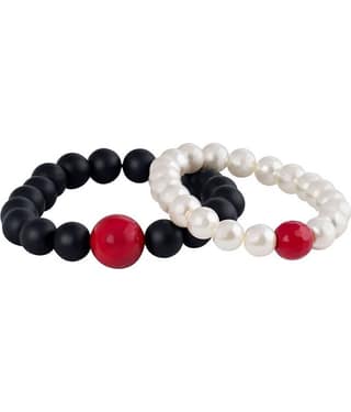 Matte Black Onyx Stone and Off White Pearl with Red Bead Handmade Stretchable Couple Bracelet