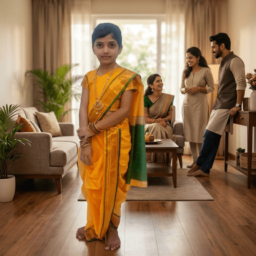 luster Girl's Belgaon Silk Nauwari Saree (Peshwai/Brahmani Style) | Traditional Maharashtrian Saree | Age 2 to 8 Years (Yellow, 4-5 Years) view 3