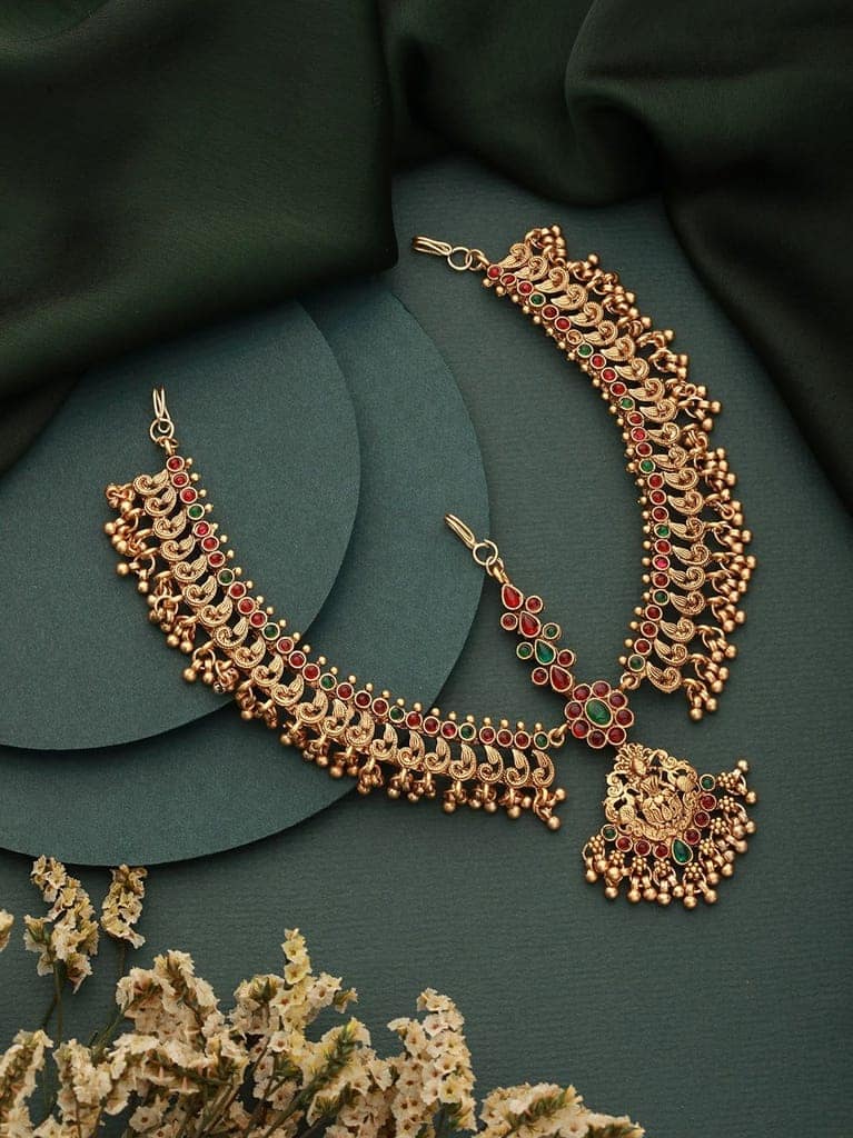 Gold Plated Red Kemp Antique Temple Bridal Damini Matha Patti view 3