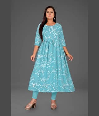 RIAANA Women Rayon Printed Anarkali Kurti ( Light Blue )