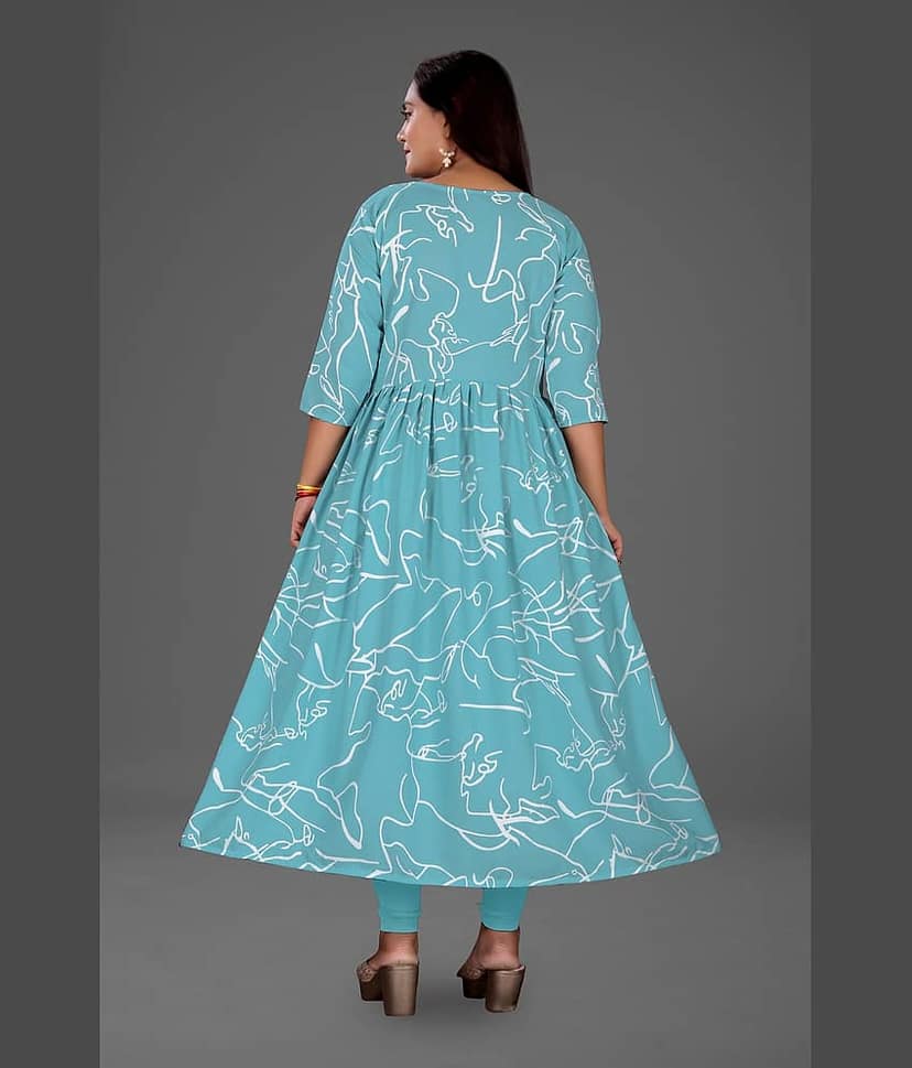 RIAANA Women Rayon Printed Anarkali Kurti ( Light Blue ) view 2