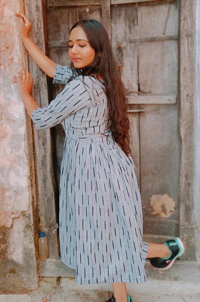 Pure Cotton Ikkat Dress Grey Chateau Colour (Size XXS(32) to Plus Size(56))-4693 view 3