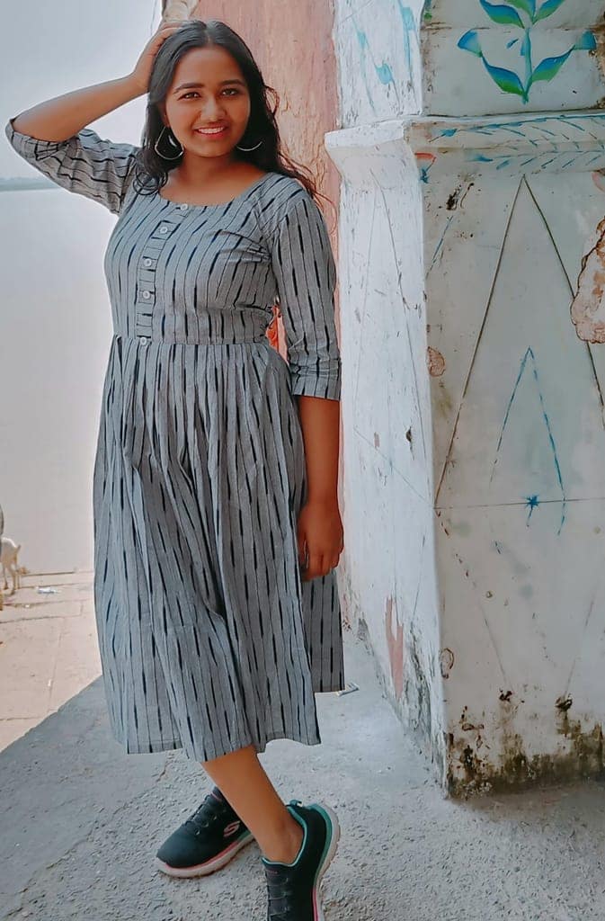 Pure Cotton Ikkat Dress Grey Chateau Colour (Size XXS(32) to Plus Size(56))-4693 view 4