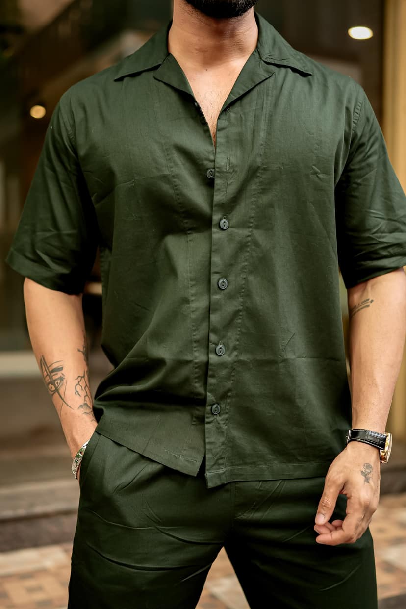 Dark-Green Plain Premium Cotton Co-Ords Set view 2