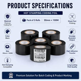 Hot Stamping Coding Foil 30mm*100M – Black Ribbon for Expiry Date & Batch Coding | Pack of 5 Rolls