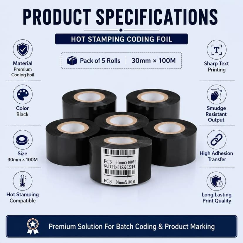 Hot Stamping Coding Foil 30mm*100M – Black Ribbon for Expiry Date & Batch Coding | Pack of 5 Rolls