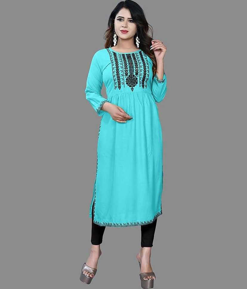 HAYA - Turquoise Rayon Women's Straight Kurti ( Pack of 1 )