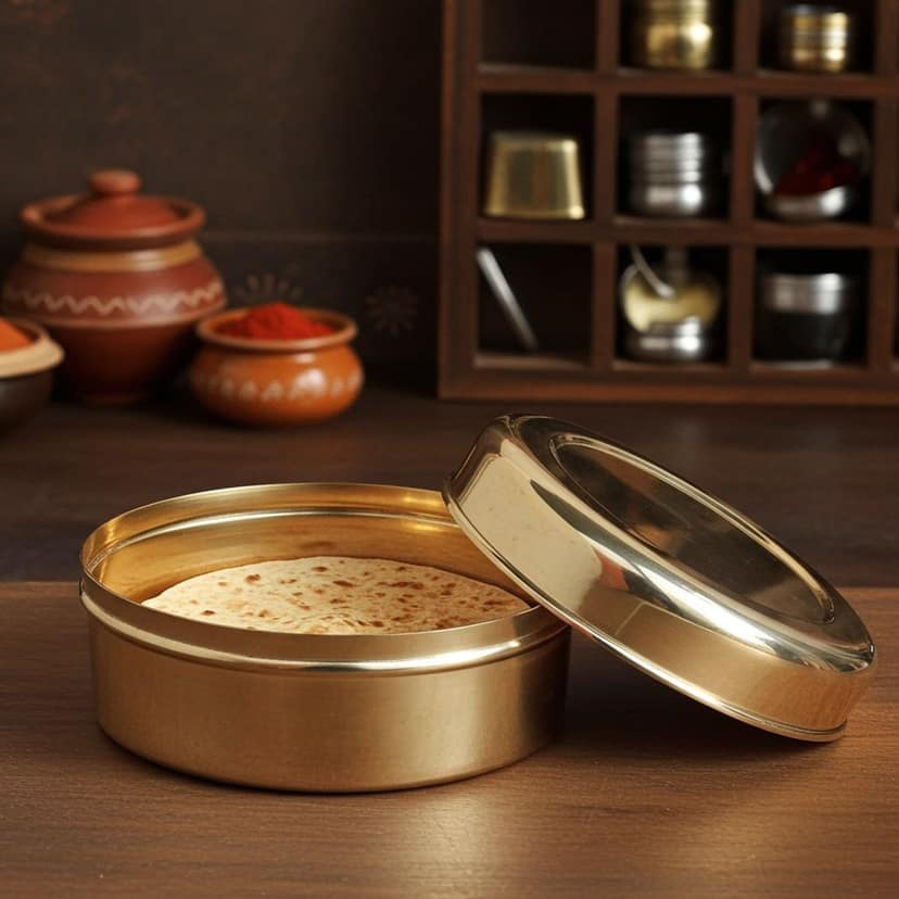 Brass Roti Box / Chapati Storage Container ? Kitchen Utility Item, Diameter : 8.3 Inch (ZMAS586 F)