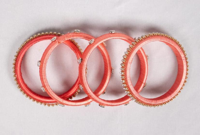 Peach and Pink Silk Thread Bangle Set with Rhinestone Accents view 4