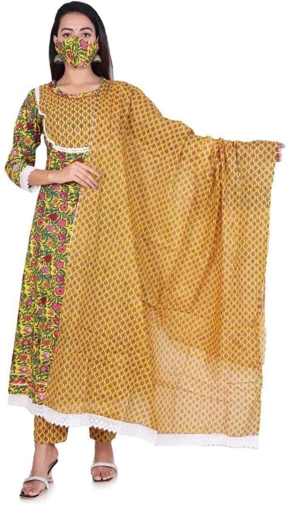 MANMAYEE Women's Badala Work On Yoke Cotton Kurti With Pant & Dupatta | Flared Kurti Set