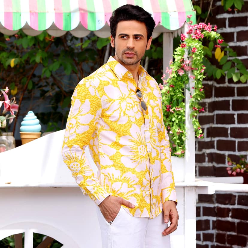 Hibiscus Pineapple Yellow Casual Pure Linen Full shirt (Size - L) by BLUE EAGLE view 2