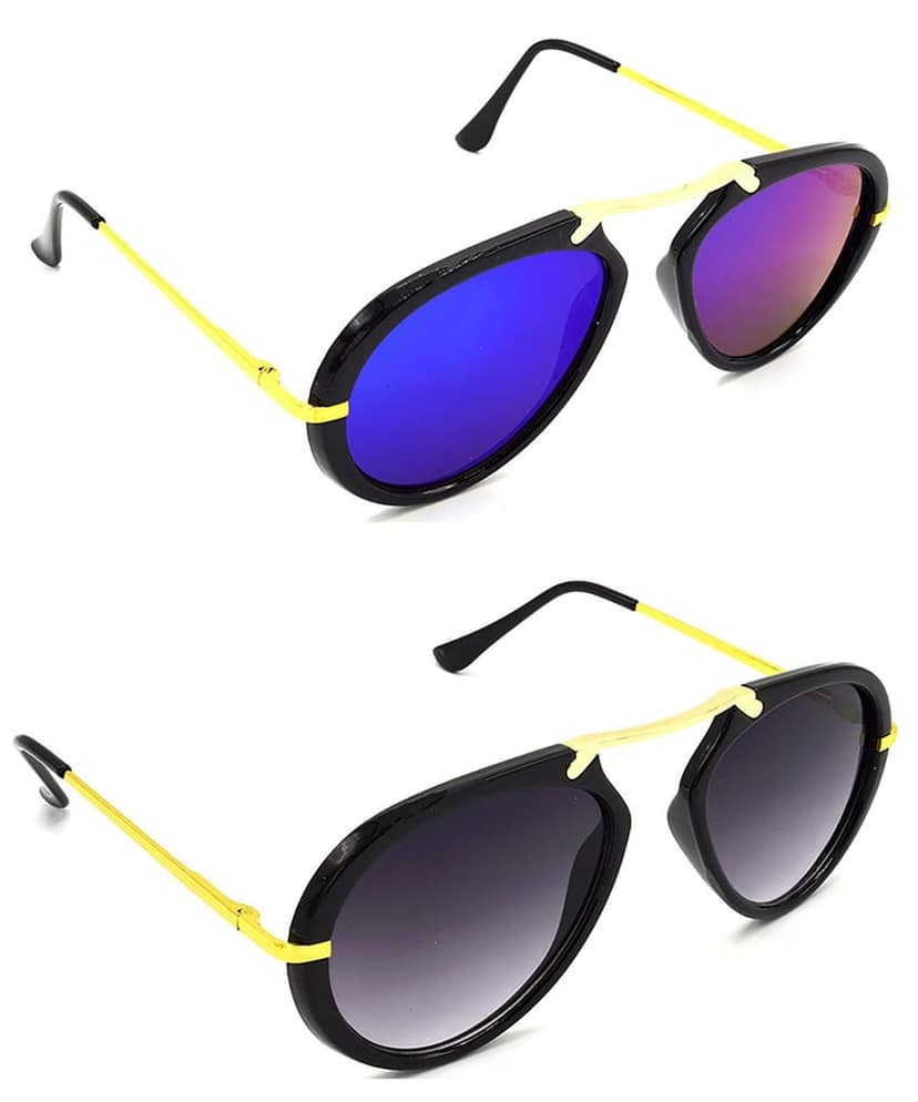 HRINKAR Unisex Wrap-around Sunglasses Golden Frame, Pink & Grey Lens (Medium) - Pack of 2