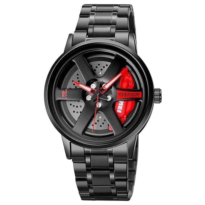 Men's Spinning Car Wheels Rolling Creative Fashion Watches for Men, Analog Watch Black Dail Zink Alloy Case Men's Watch, Black Color Stainless Steel Band, Rolling Wheel Gift Wristwatch - 1787