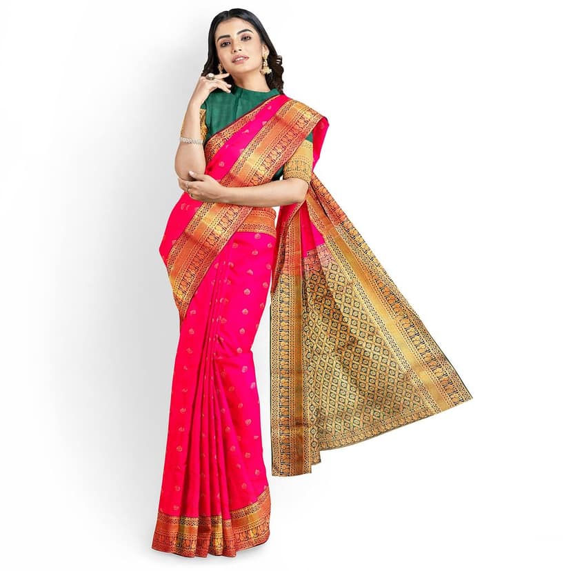 Ruby pink body with zari worked border 1000 buttas semi silk saree. view 2