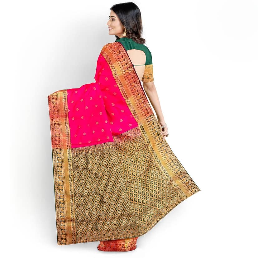 Ruby pink body with zari worked border 1000 buttas semi silk saree. view 4