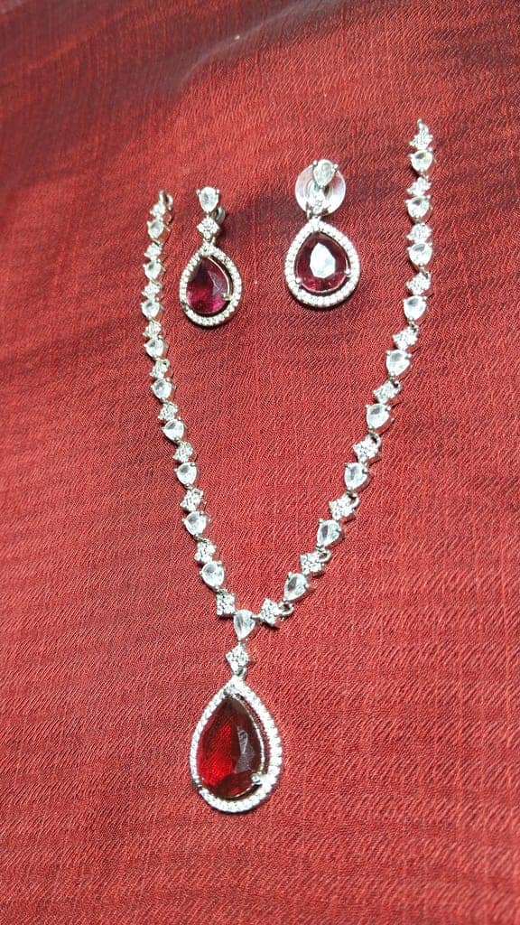 **Stunning Silver Plated Red Pear-Shaped Cubic Zirconia Bridal Jewelry Set with Necklace and Earrings** view 2