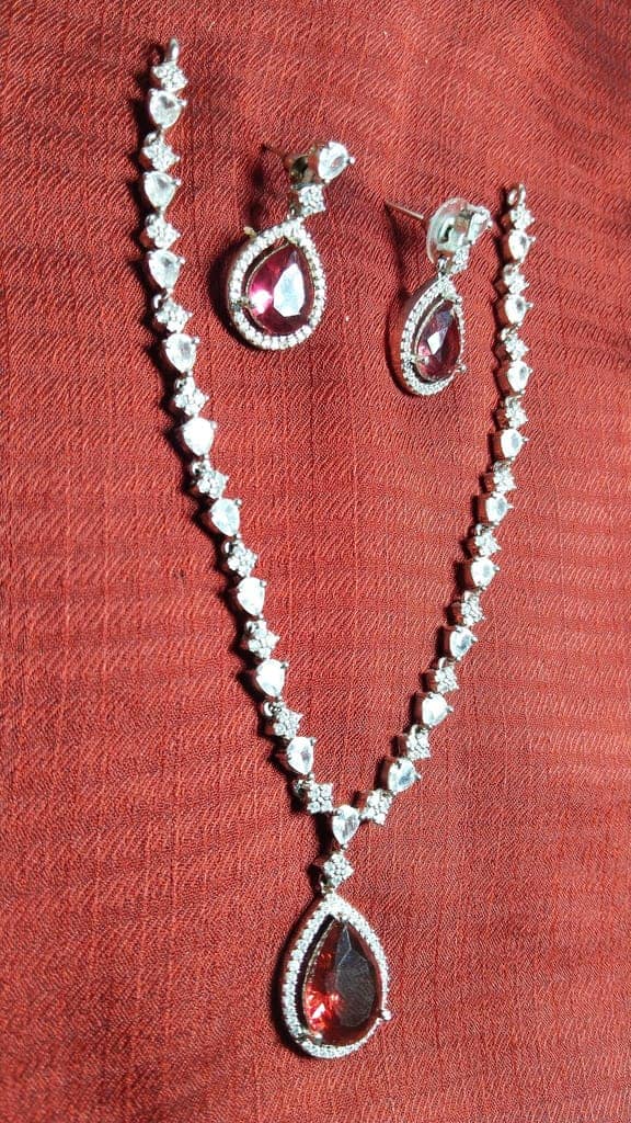 **Stunning Silver Plated Red Pear-Shaped Cubic Zirconia Bridal Jewelry Set with Necklace and Earrings** view 4