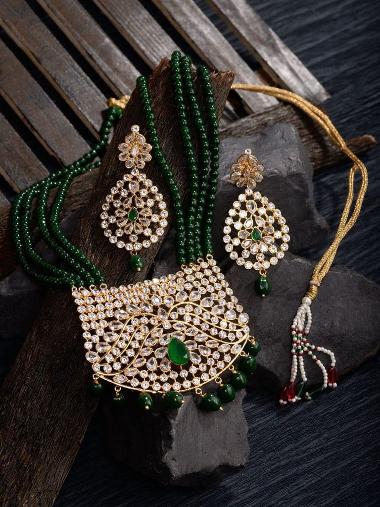 Gold Plated White Polki Green Beads Long Traditional Jewellery Set Dropdown Earrings view 2