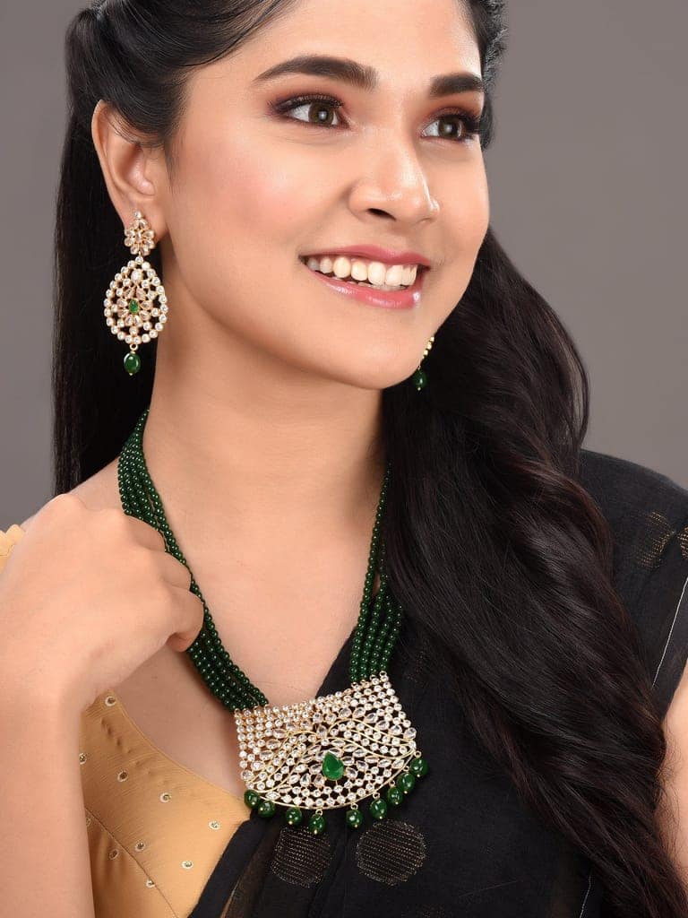 Gold Plated White Polki Green Beads Long Traditional Jewellery Set Dropdown Earrings view 3